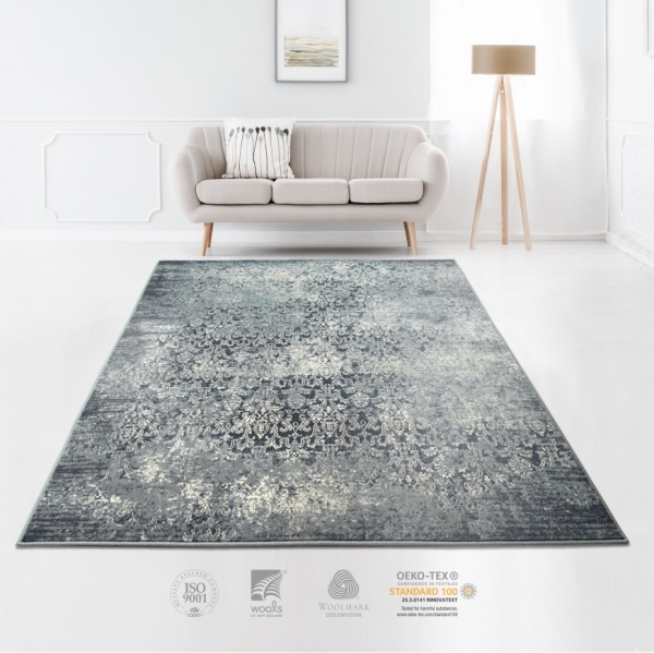 Vintage Rug Navy Blue for Living Room New Zealand Wool