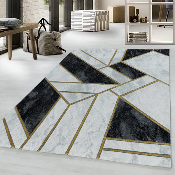 Geometric Black & White Gold Rug for Living Room, Bedroom, Office