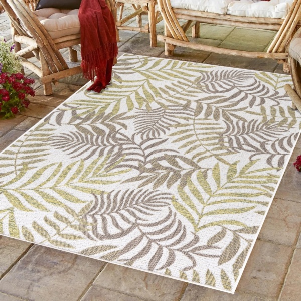 Exotic Outdoor & Indoor Dining Room Beige Rug Waterproof Leaf Design