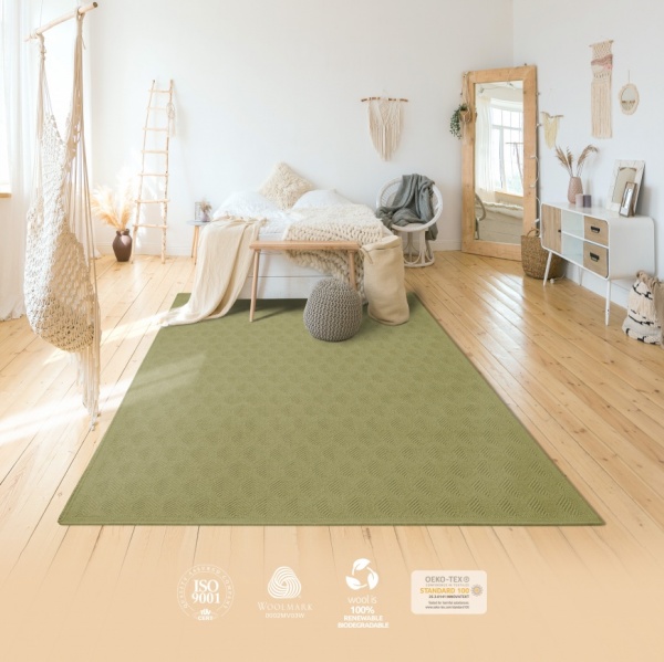 Organic Green Wool Rug for Bedroom, Living Room, Dining Room