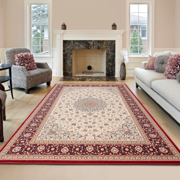 Classic Short Pile Traditional Cream Wool Rug for Living Room, Dining Room, Bedroom