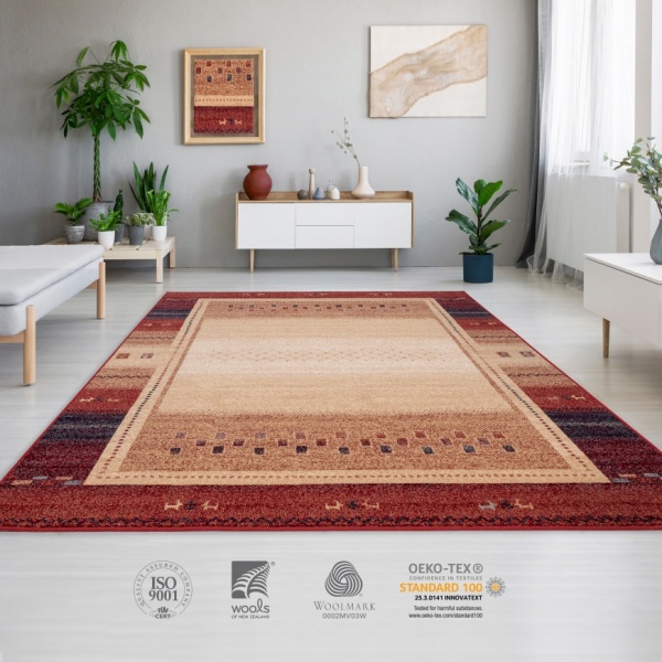 Classic Oriental Beige Rug for Dining Room I Short Pile  Border Classic Wool Red Rug