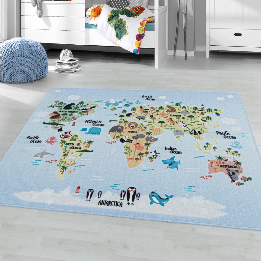 Game Kids World Map Blue Rug