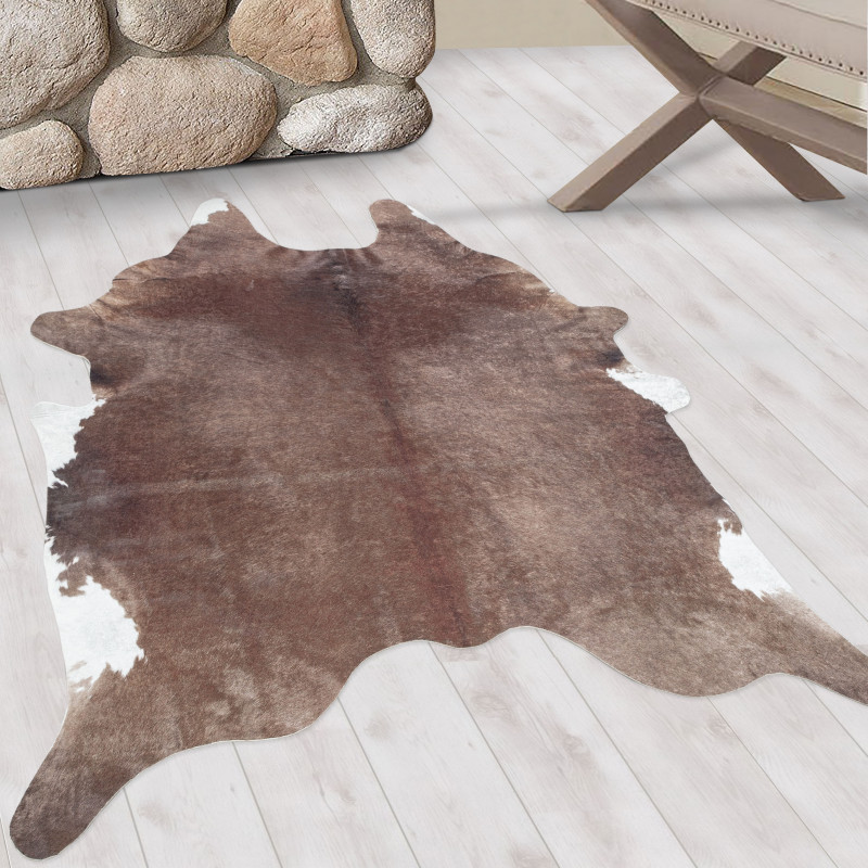 Washable Faux Fur Cowhide Motif Non-slip Rug Brown Cream