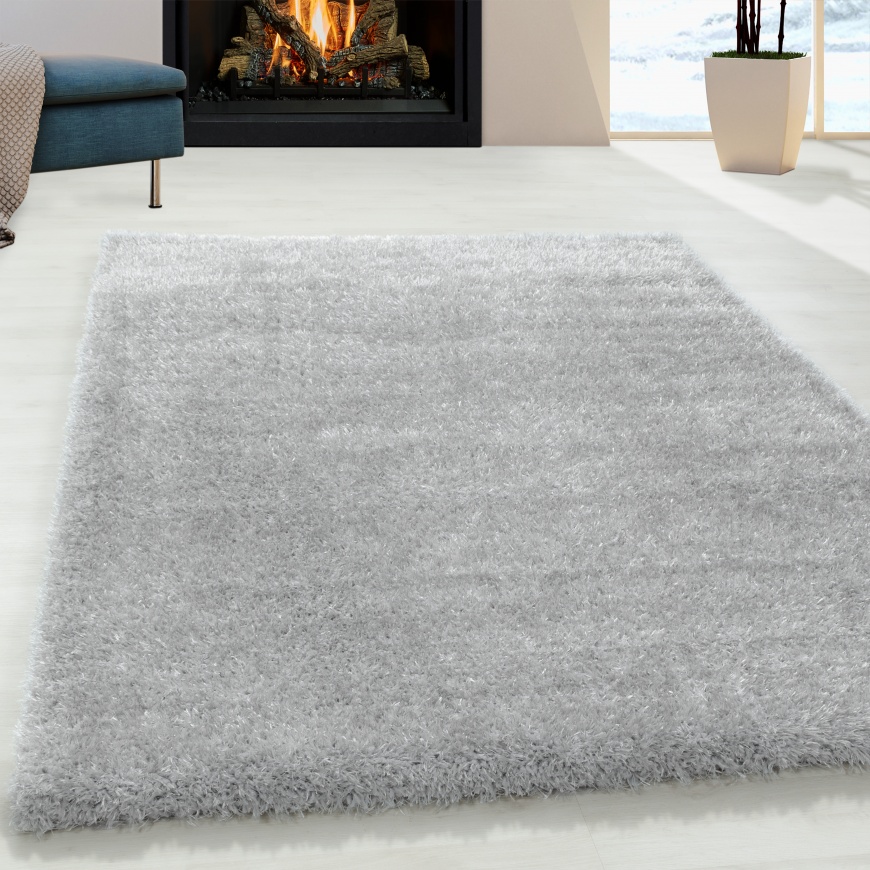 Excellent Shaggy Shiny Plain Silver Rug