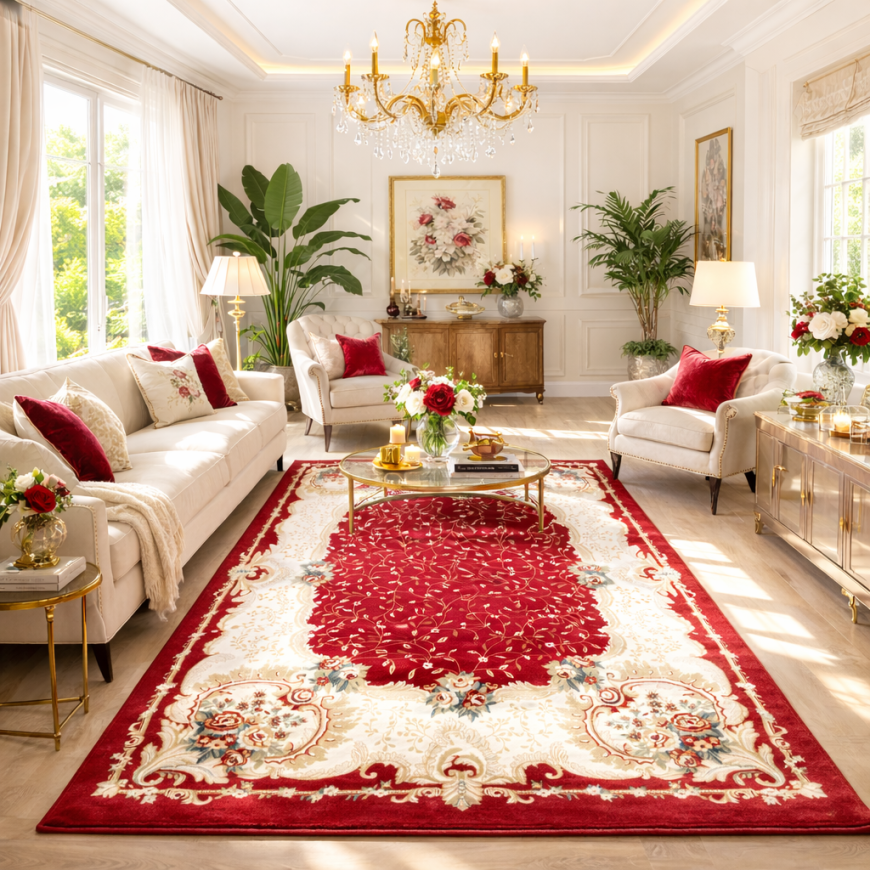 Red Rug Traditional Design Classic Red Oriental Rug with Floral Border Design | Timeless Décor for ...